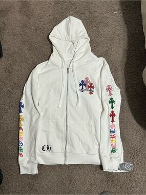 White Zip-Up Hoodie with Multicolor Cross Sleeve Accents